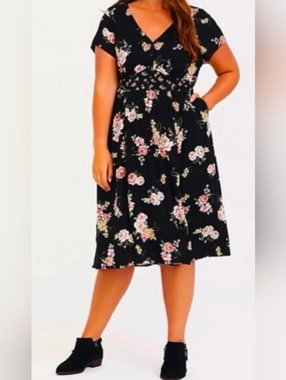 Torrid 2 Black Floral Midi Challis Button Front V-neck Short Sleeve Dress Lined